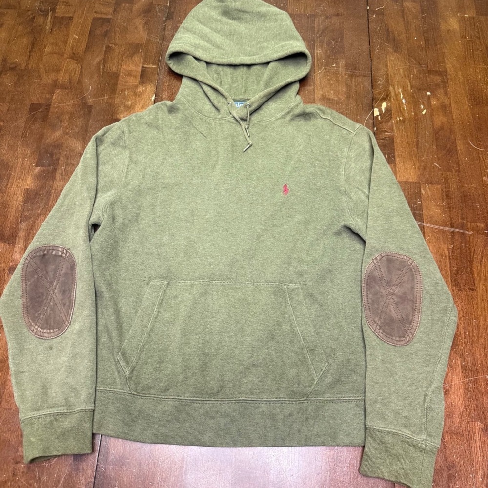 Polo Ralph Lauren Hoodie Mens Large Green Suede Elbow Patch Pullover Sweatshirt